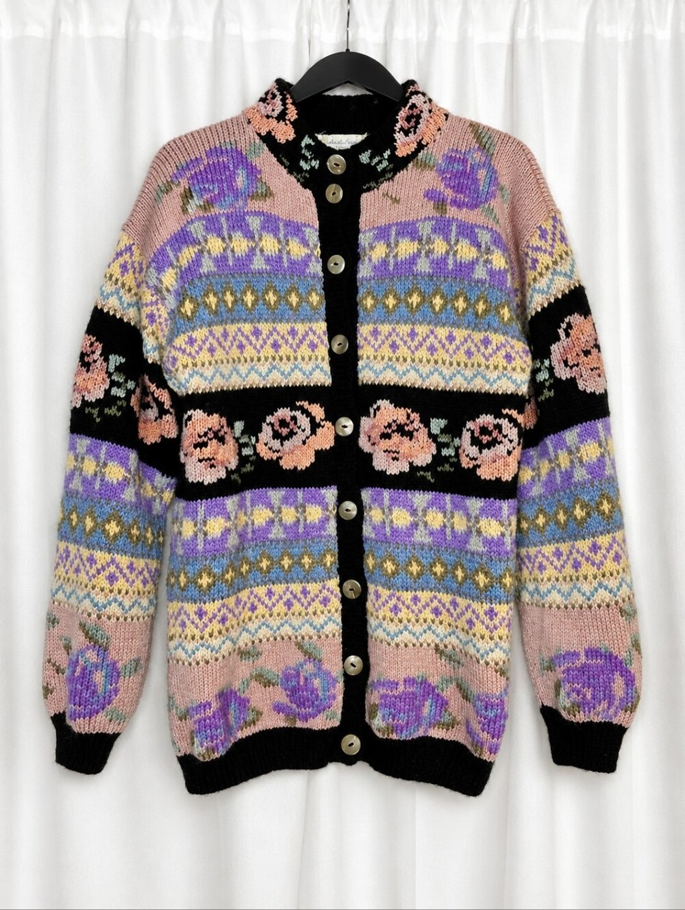 Roberta Frost Romantic Vintage Hand Knit Wool Floral Fair Isle Cardigan Sweater
